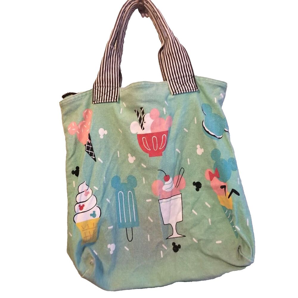 Disney Store Ice Cream Treats Sundae Canvas Tote Bag Green Zips 16"